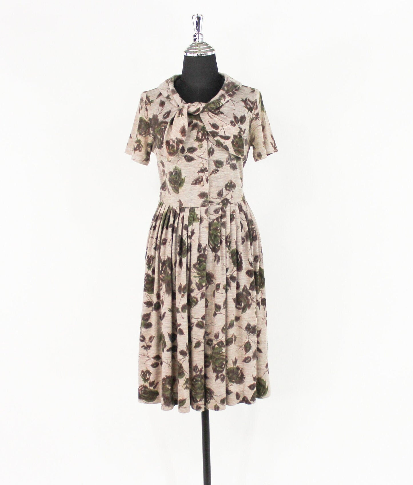 1950s Beige & Brown Floral Print Wool Dress, Small