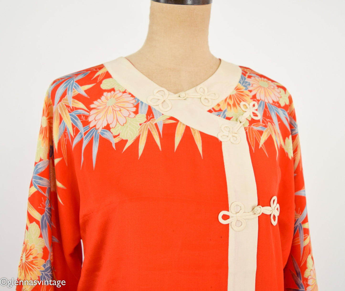 1940s Orange Print Silk Robe and Pajama Set, Large