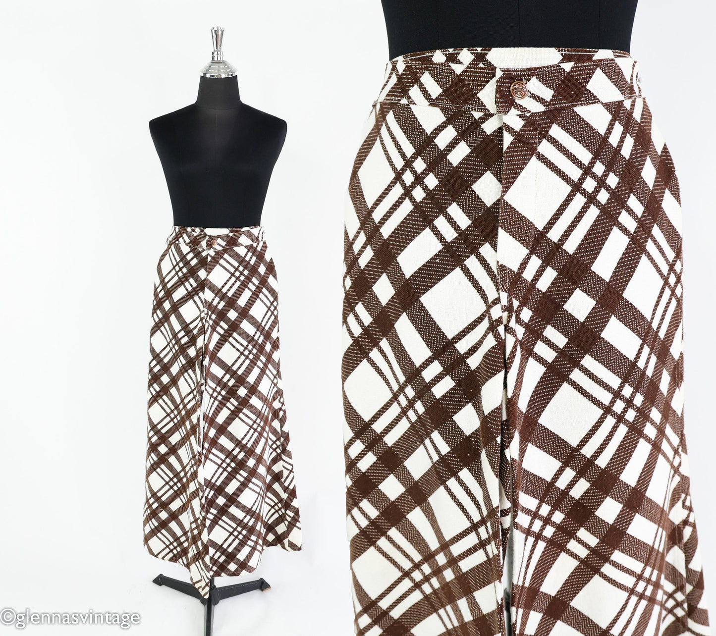 1970s Brown White Plaid Palazzo Pants, Medium
