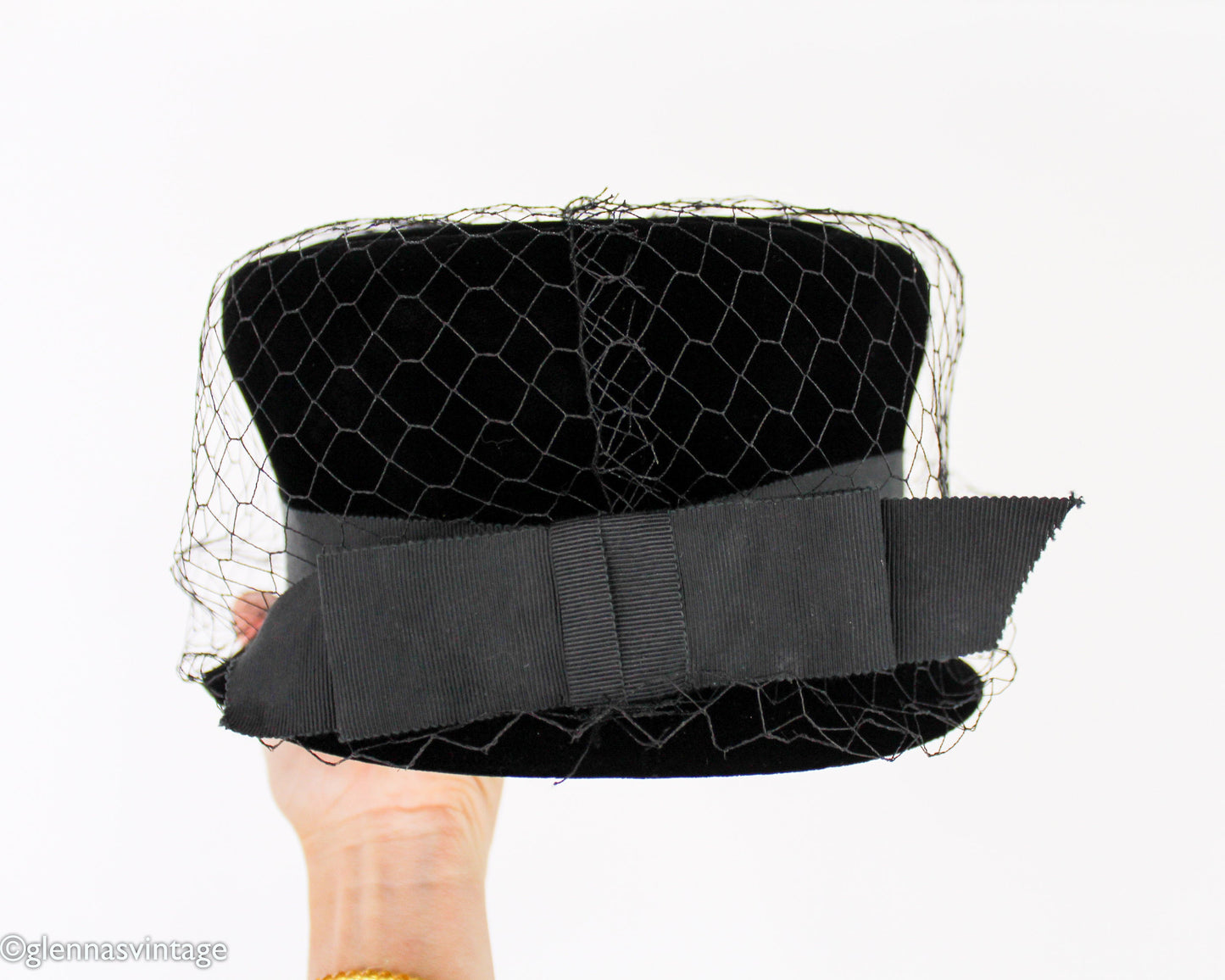 1960s Black Velvet High Crown Hat, Jackie O Style