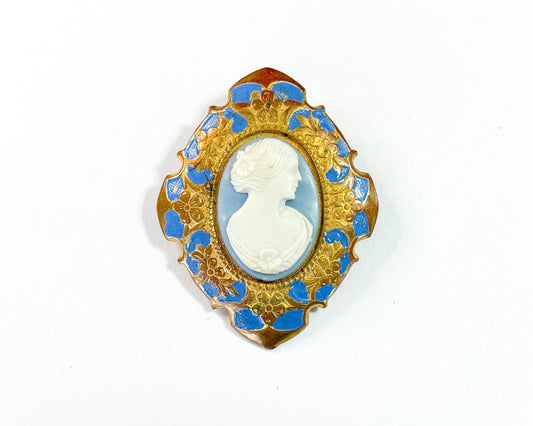 1930s White Blue Vintage Cameo with Brass & Enamel Frame