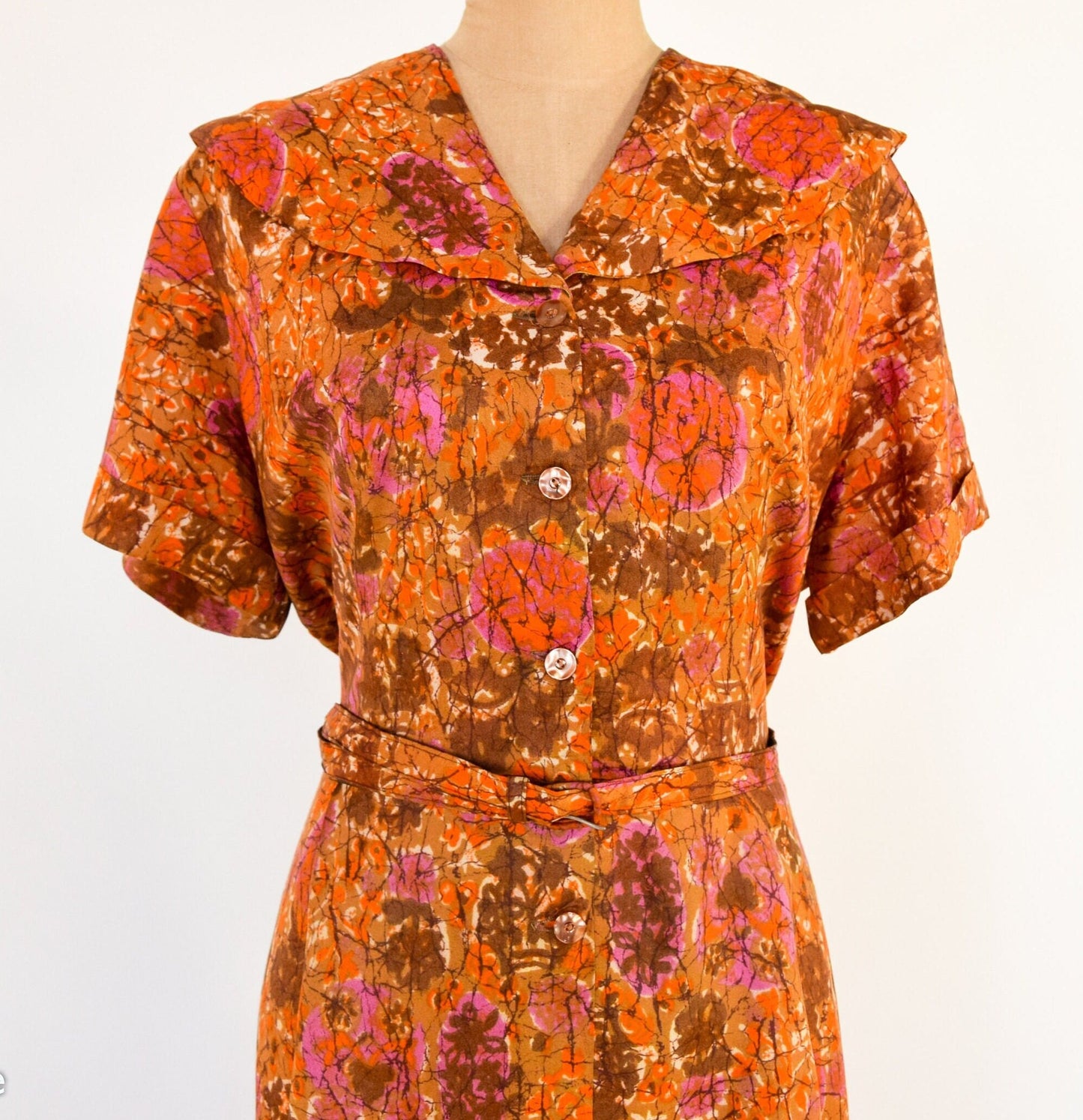 1950s Orange Floral Print Day Dress, Extra Large