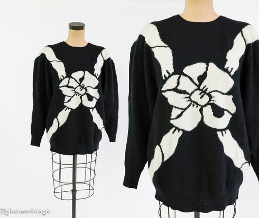 1980s Black & White Wool Cashmere Bow Sweater, Large