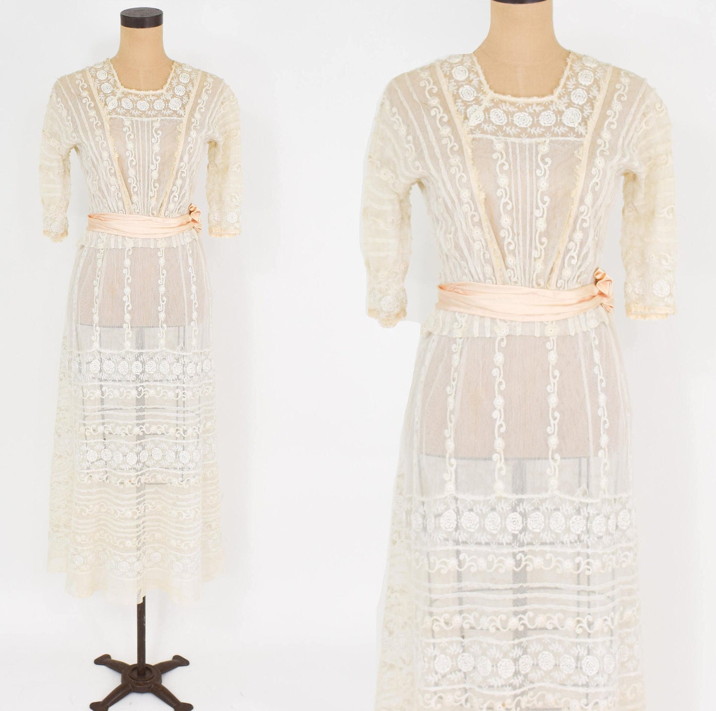 1900s Ivory Lace Wedding Gown, Tiered Edwardian Dress, Extra Small