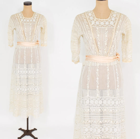 1900s Ivory Lace Wedding Gown, Tiered Edwardian Dress, Extra Small
