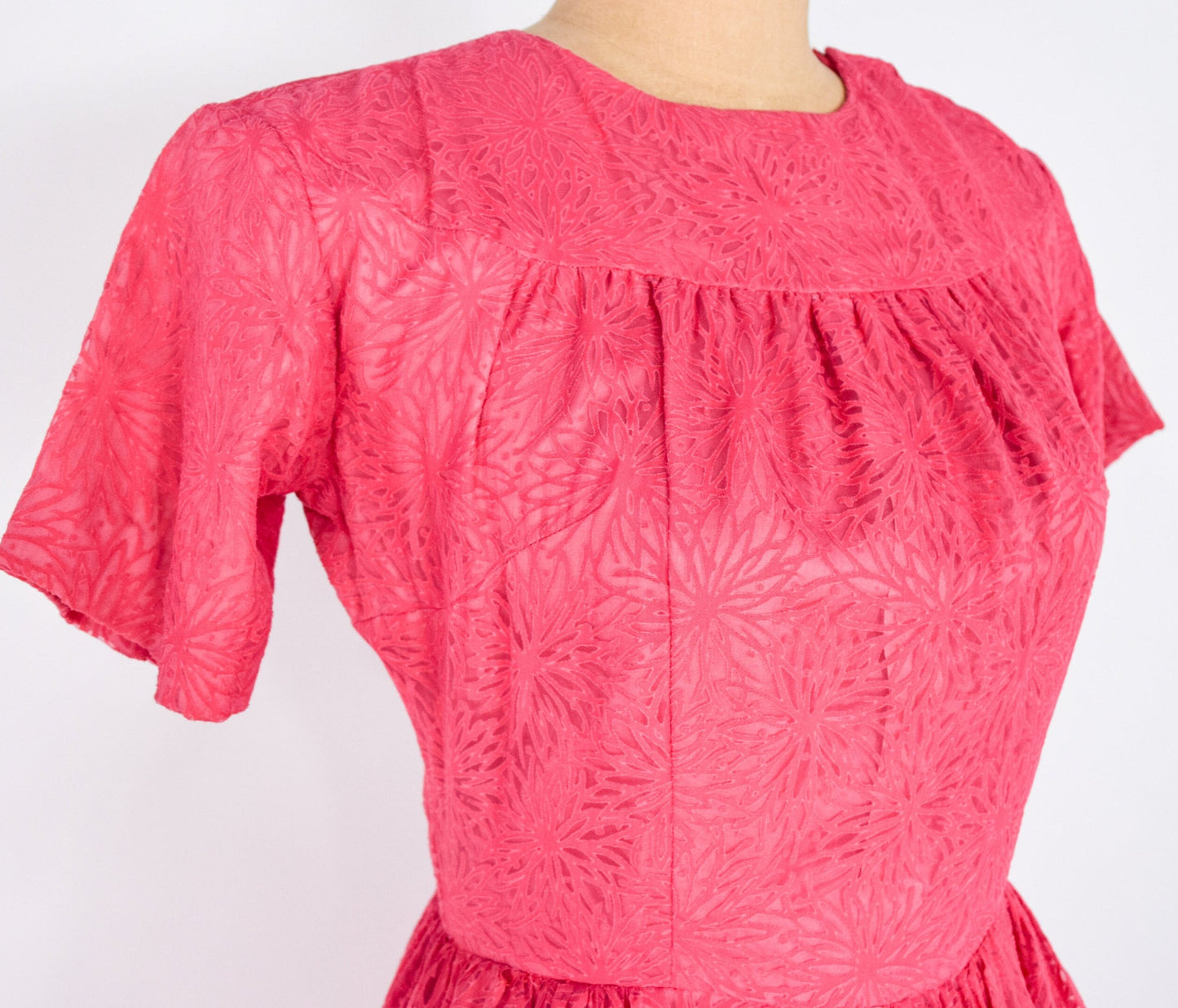 1950s Pink Chiffon Dress in Floral Burnout Fabric, Small