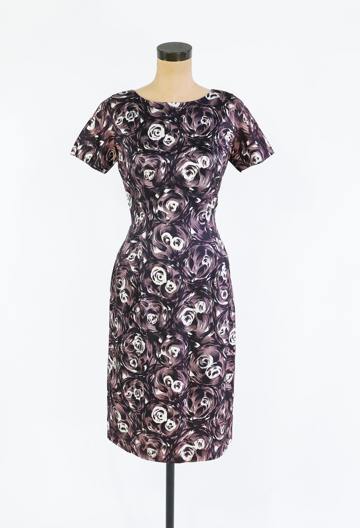 1950s Black & Gray Rose Print Dress, Small