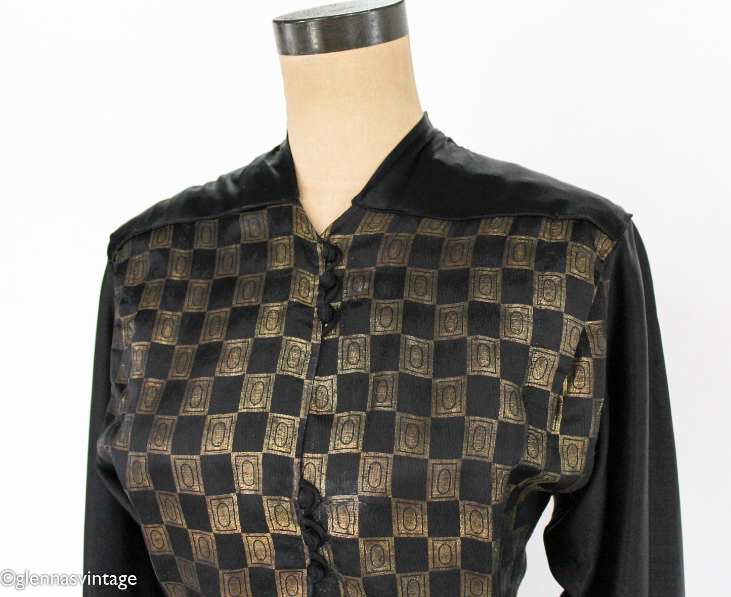 1940s Gold & Black Silk Dress | 40s Black Silk Embroidered Dress | Tula | Small