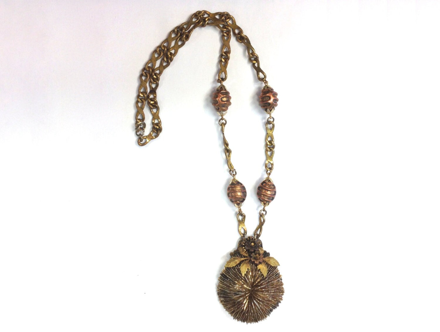 1970s  Copper & Brass Pendant Necklace | 70s Brass Anemone Necklace | Brutalist | Hippie