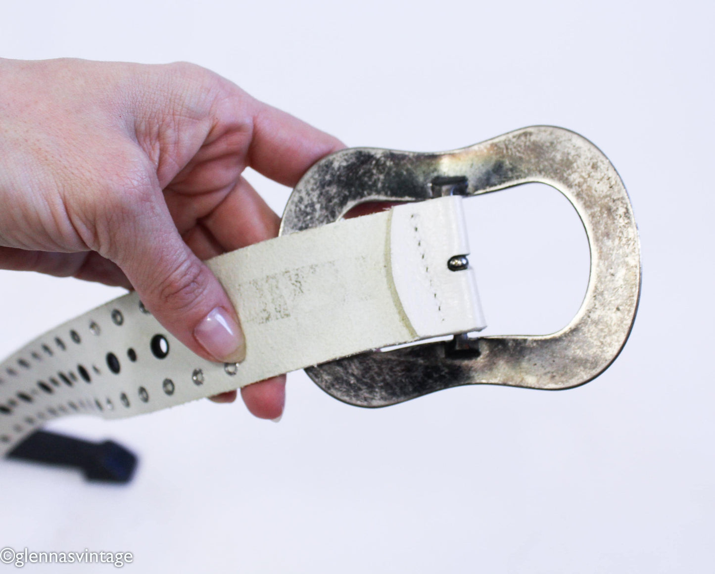 1980s White Leather Rivet Belt with Silver Buckle, Medium