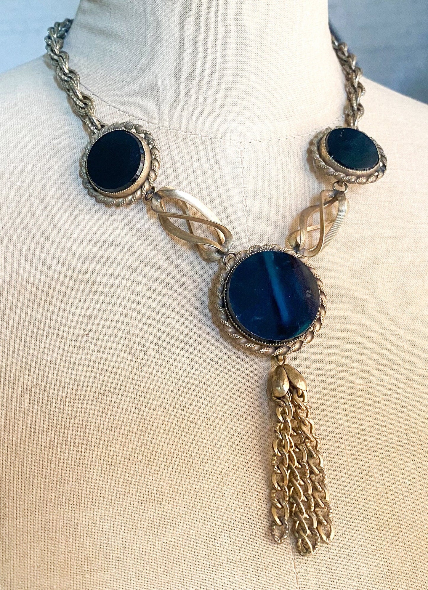 1940s Brass & Glass Pendant Necklace, Gold Black Necklace