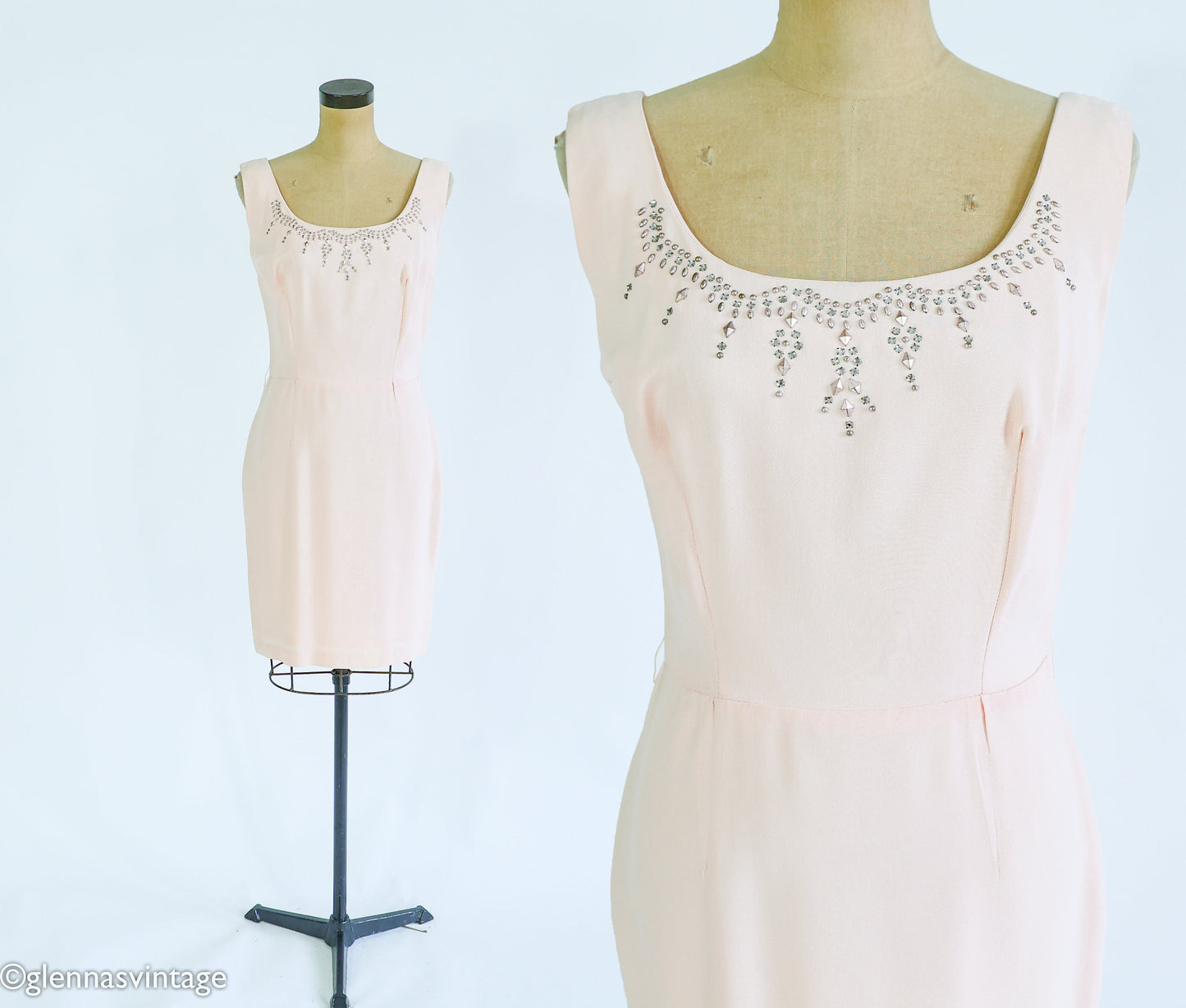1960s Pink Rhinestone Sleeveless Dress, Medium