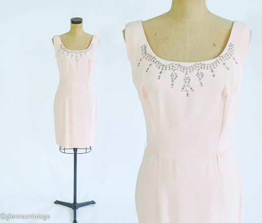 1960s Pink Rhinestone Sleeveless Dress, Medium