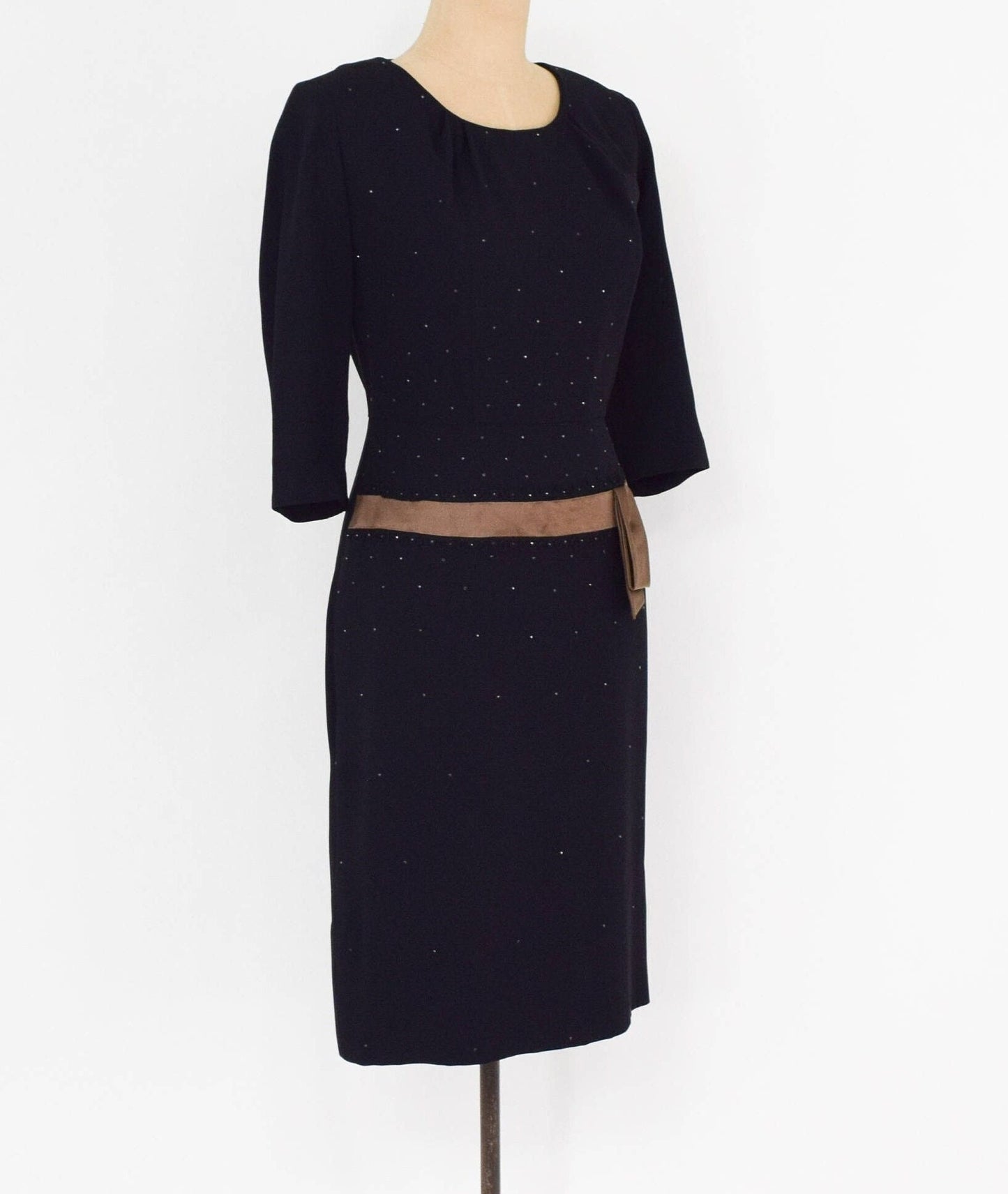 1950s Black & Bronze Crepe Cocktail Dress with Rhinestone Detail, Alan Peck, Medium