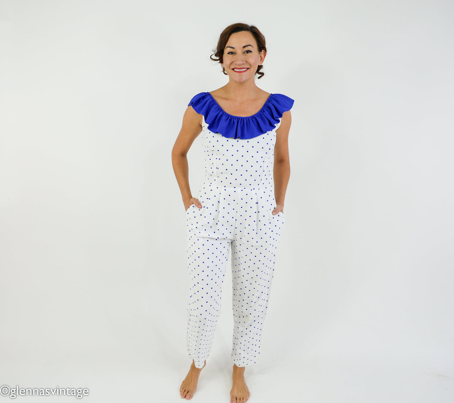 1980s Blue & White Polka Dot Jumpsuit, Small