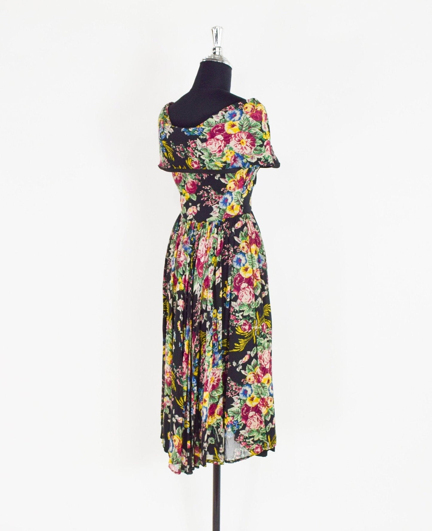 1940s Black Floral Party Dress | 40s Black Flowered Rayon Print Dress | X Small