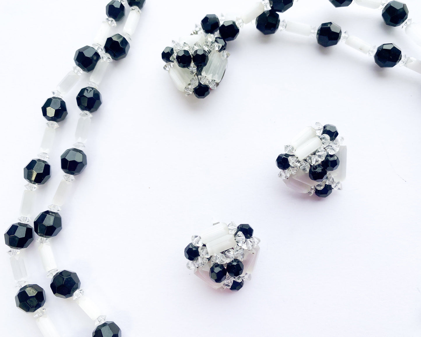 1960s Black & White Crystal Necklace Set | Black White Crystal Necklace Earrings