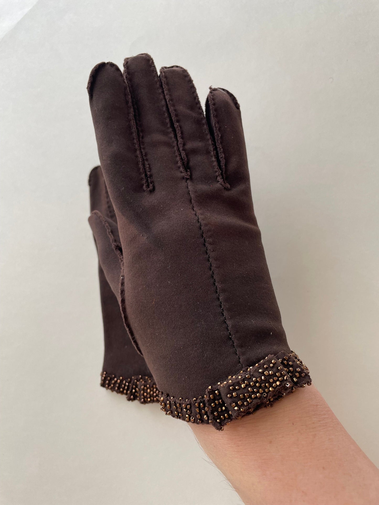 1950s Brown Beaded Gloves, Size 6.5