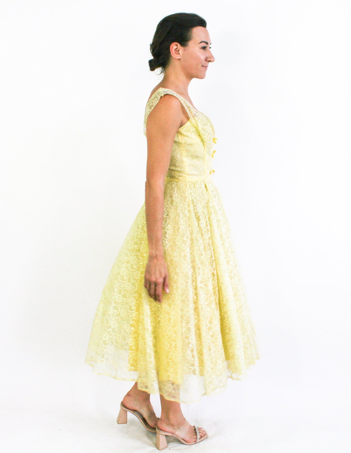 1940s Yellow Lace & Tulle Evening Dress, Extra Small