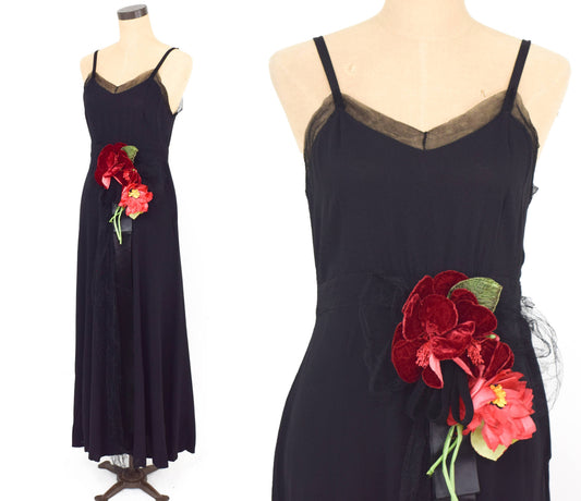 1930s Black Silk Crepe Evening Dress with Red Velvet Flower, Medium