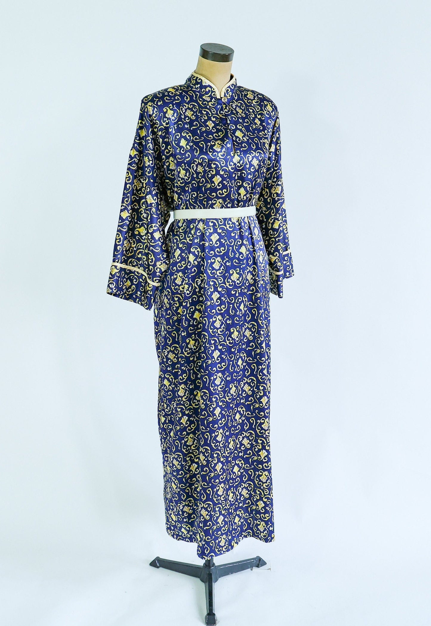 1980s Navy Satin Print Caftan | Mary McFadden | XL