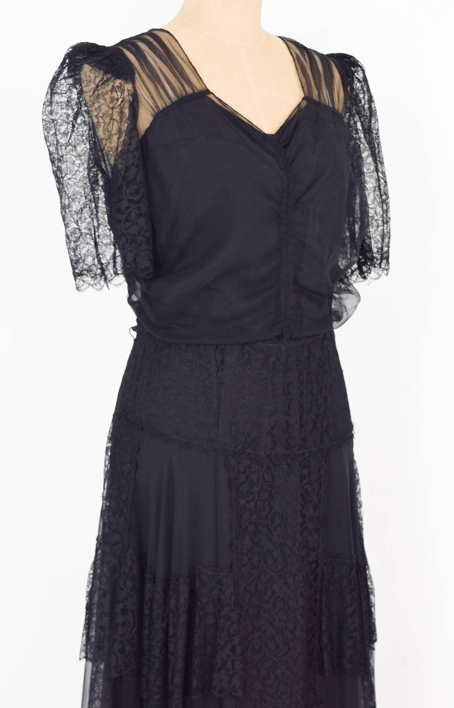 1940s Vintage Black Chiffon & Lace Evening Dress, Extra Large