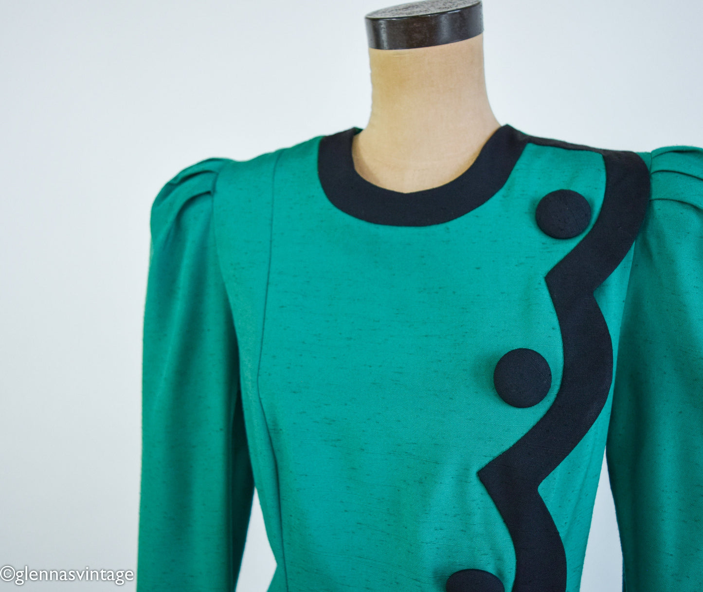 1980s Green Dress with Black Trim, Etoile Collection, Large