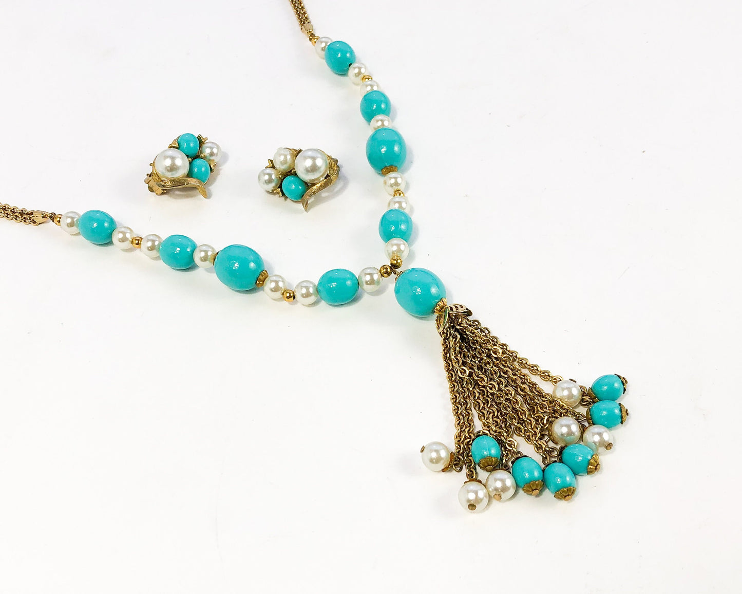 1960s Turquoise Pendant Necklace & Earrings | 60s Gold Turquoise Faux Pearl Necklace Set