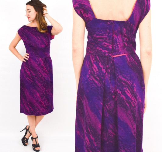 1950s Vintage Purple Wool Party Dress, Small