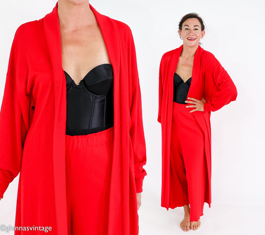 1980s Red Knit Lounge Set, Duster & Pants, Extra Large