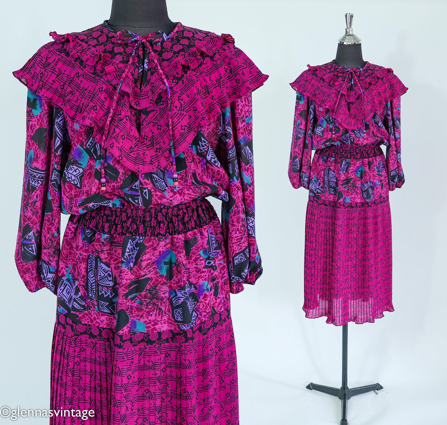 1980s Fuchsia Print Dress, Medium