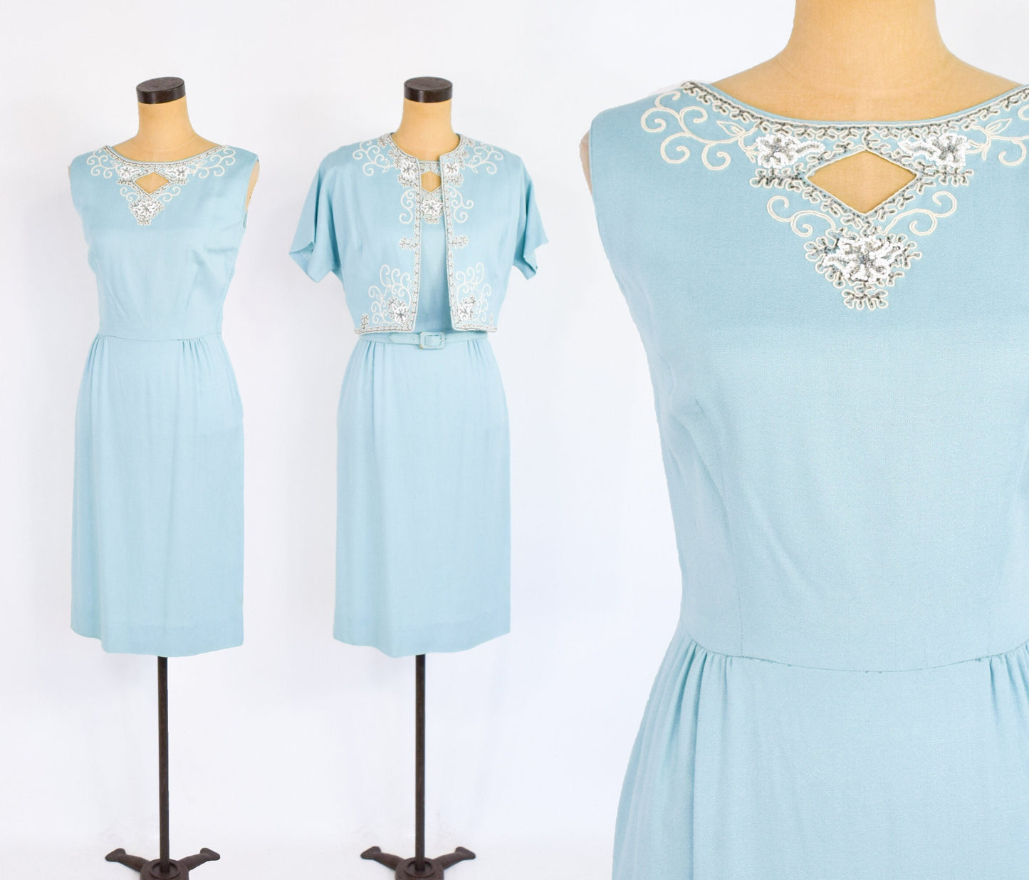 1950s Turquoise Sheath Dress & Beaded Jacket Set