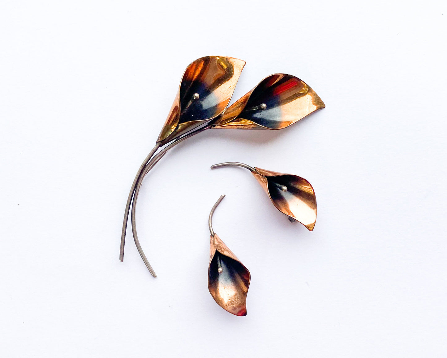 1950s Copper Flower Brooch & Earrings Set | 50s Copper Flower Pin Earring Set | Copper Flower Stems