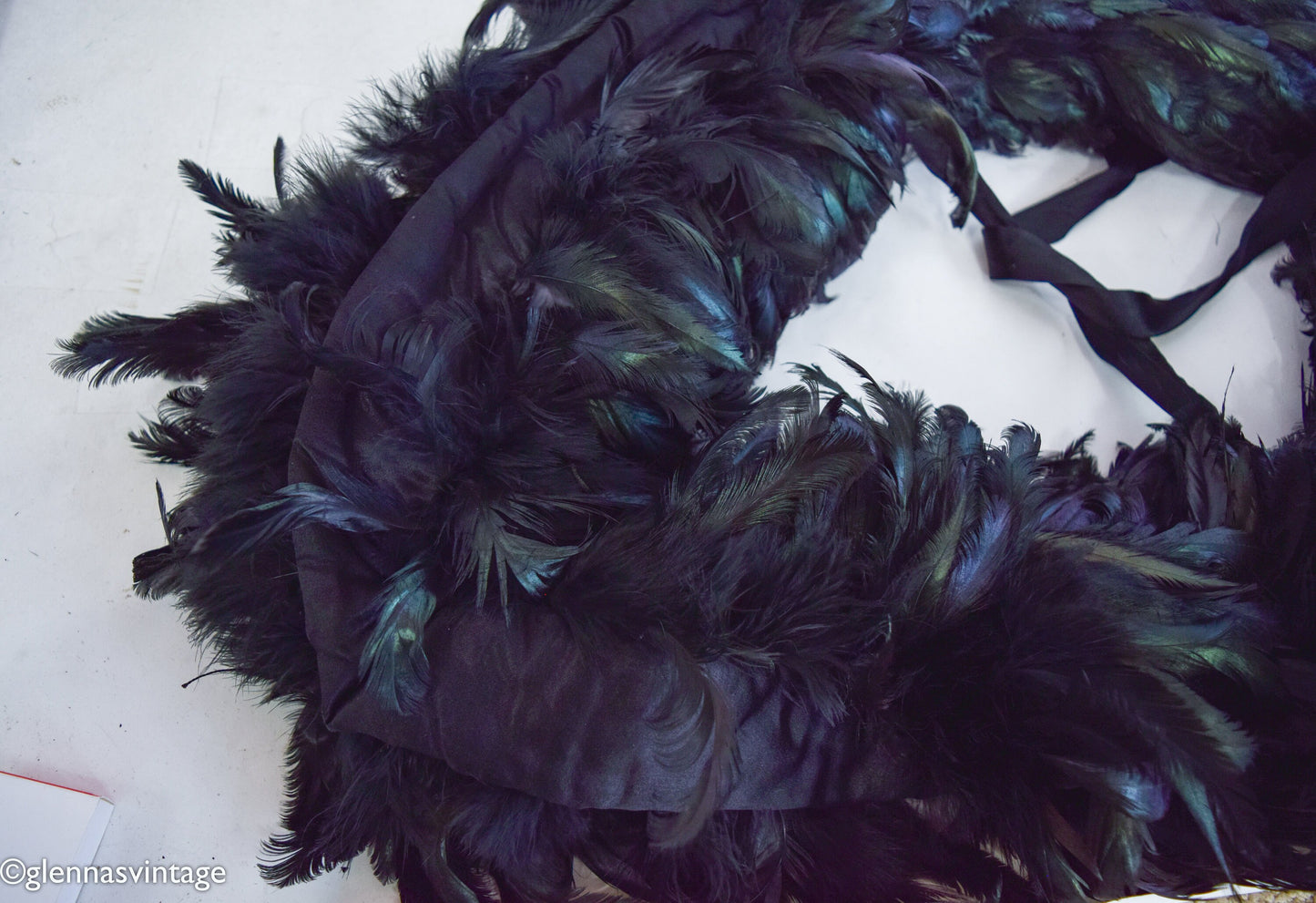 1900s Iridescent Black Feather Boa with Silk Backing and Ties, Edwardian Era Scarf