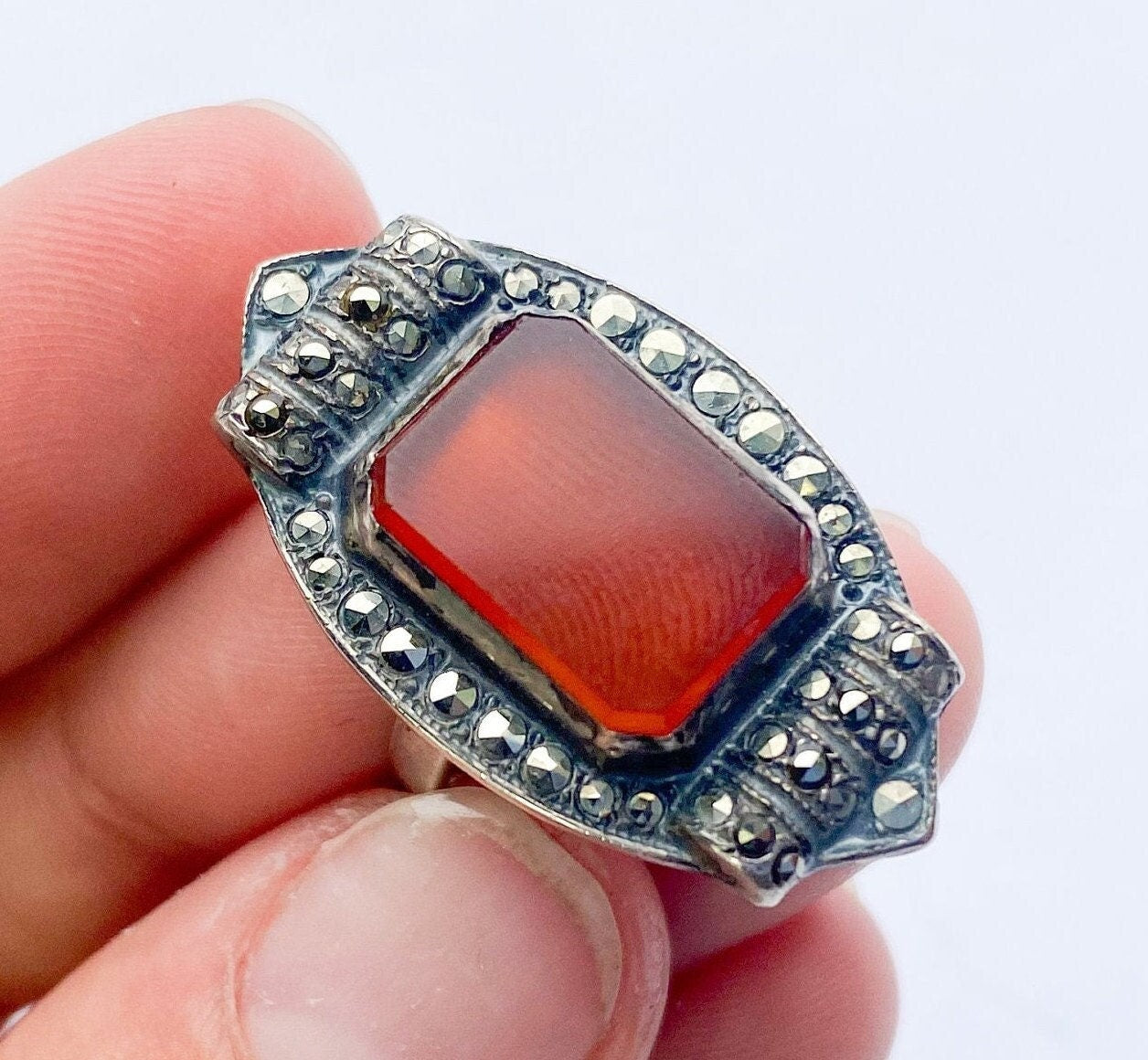 1940s Art Deco Carnelian Marcasite Sterling Silver Ring,Size 5 3/4