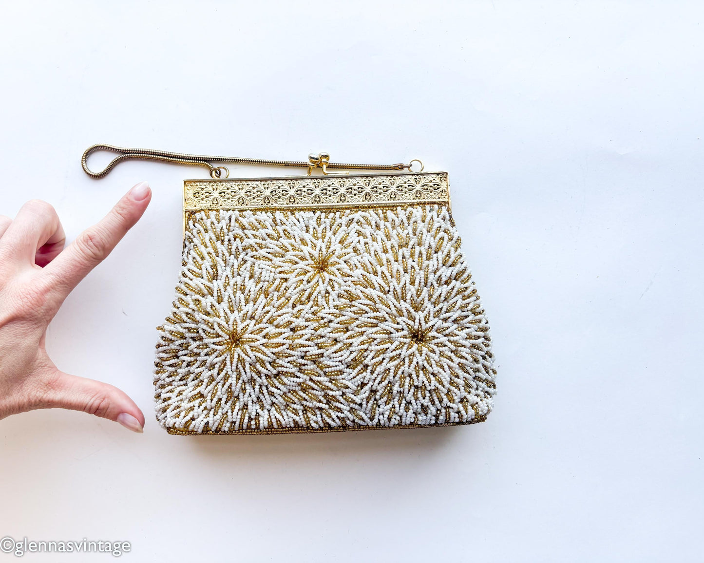 1950s White Gold Beaded Evening Bag