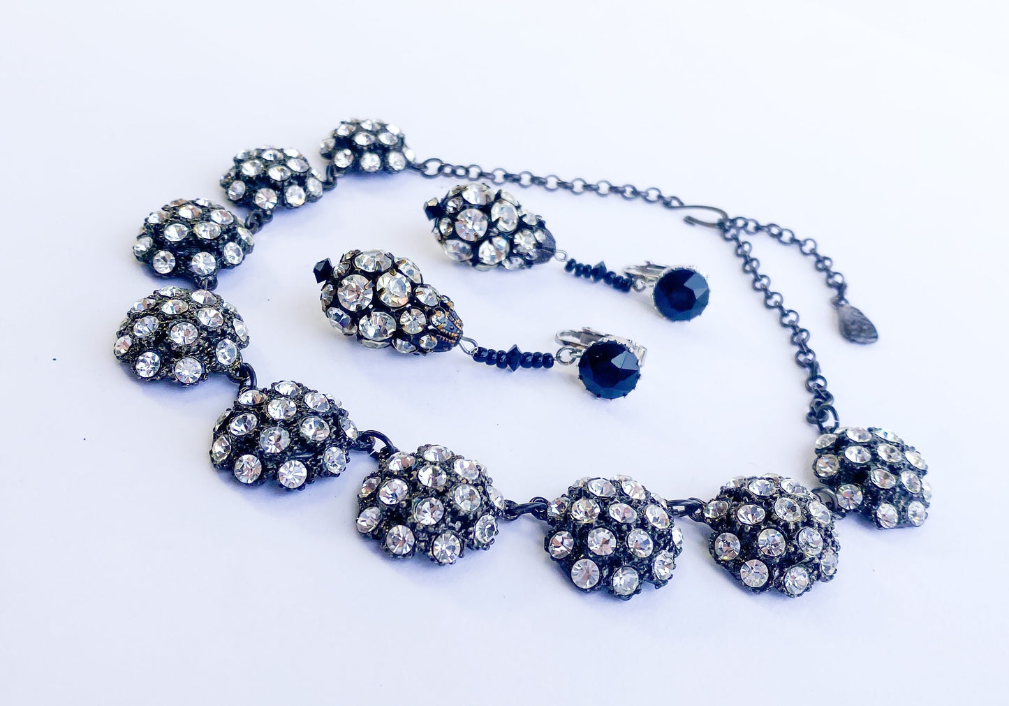 1950s Rhinestone Evening Necklace & Earrings Set | 50s Rhinestone Circles Necklace Drop Earrings | YOCHI N.Y.