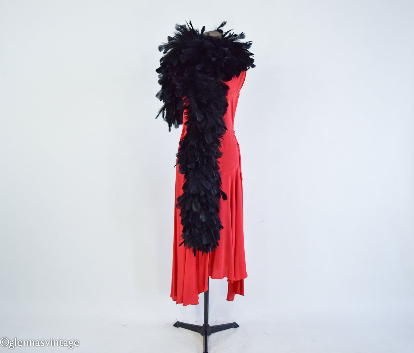 1900s Black Feather Boa with Silk Backing and Ties, Edwardian Era Scarf