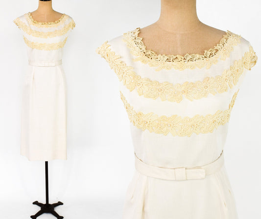 1950s Ivory Lace. & Creme Silk Cocktail Dress, Extra Large