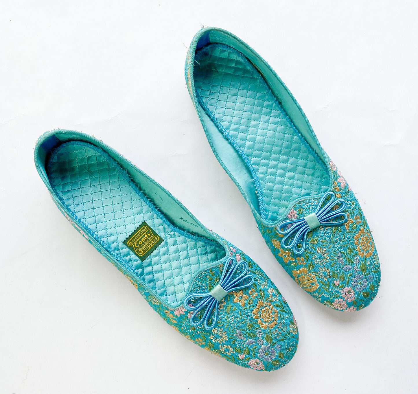 1950s Turquoise Brocade Slippers | Blue & Gold Shoes , Size 12