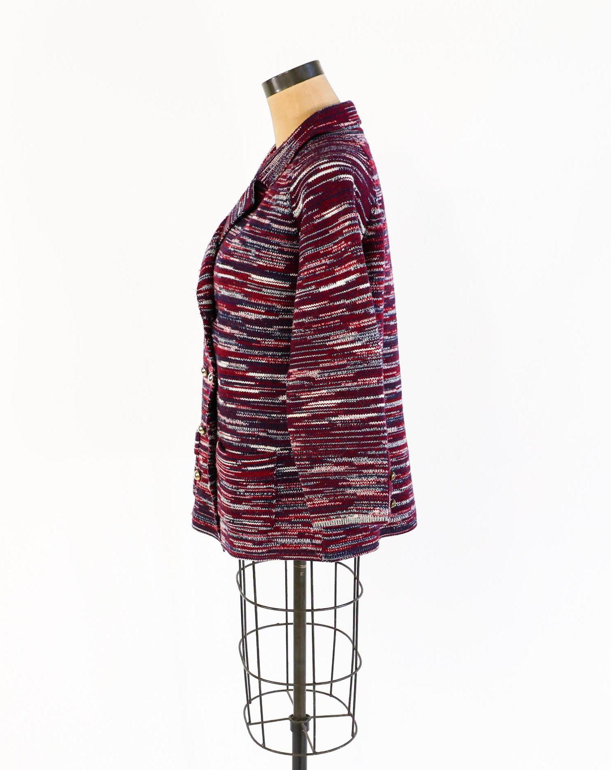 1970s Red Blue Striped Knit Cardigan Jacket by I. Magnin Double, Large