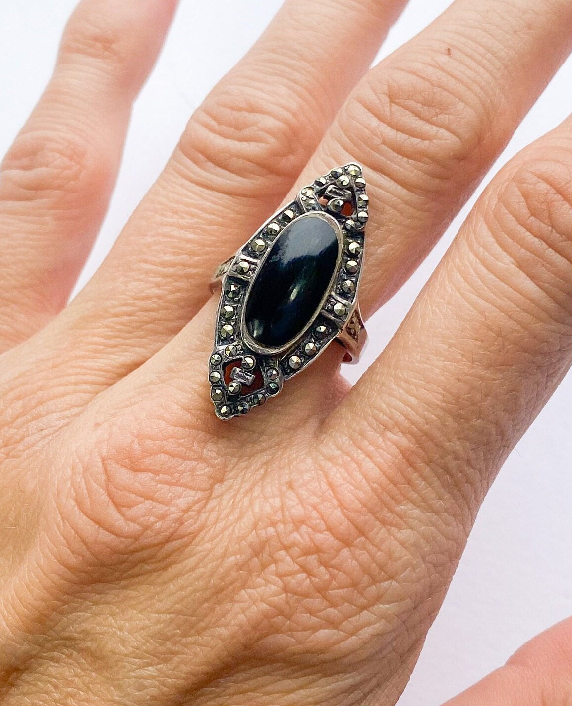 1960s Sterling Silver Marcasite Statement Ring | 7 1/2