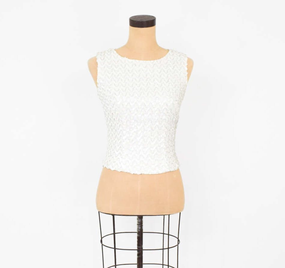 1950s White Sleeveless Beaded Top Shell, Extra Small