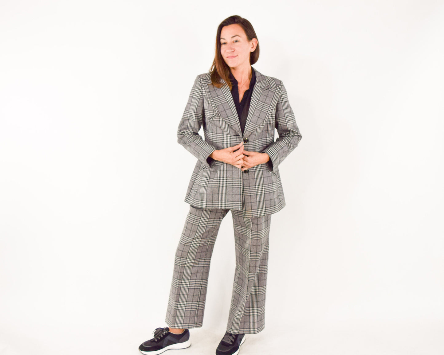 1970s Gray Plaid Wool Pantsuit, Jacket & Pants Set, Large
