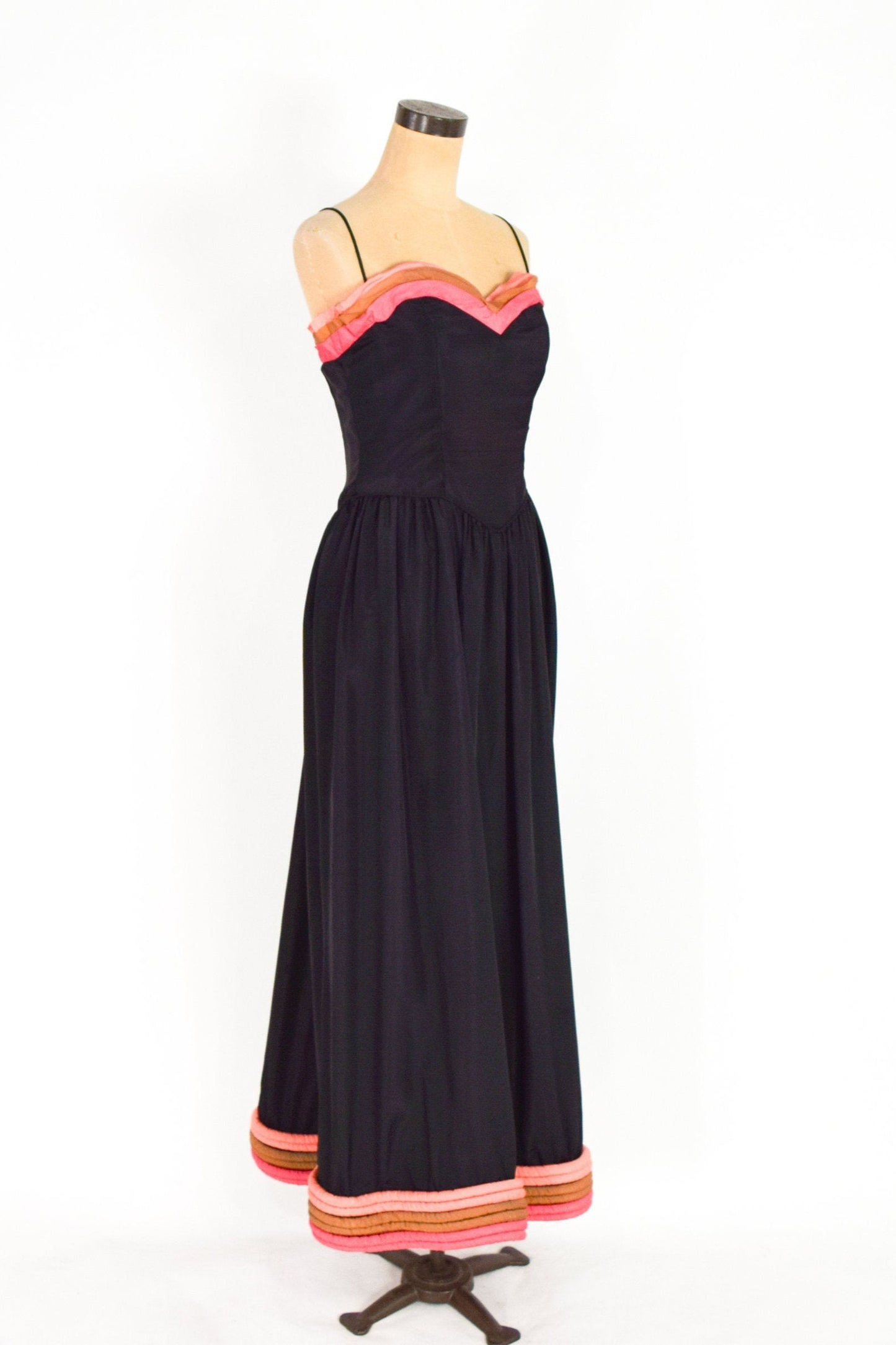 1940s Black Evening Gown  | 40s Black Taffeta Formal Dress | Stripe Trapunto Trim | Old Hollywood | Medium