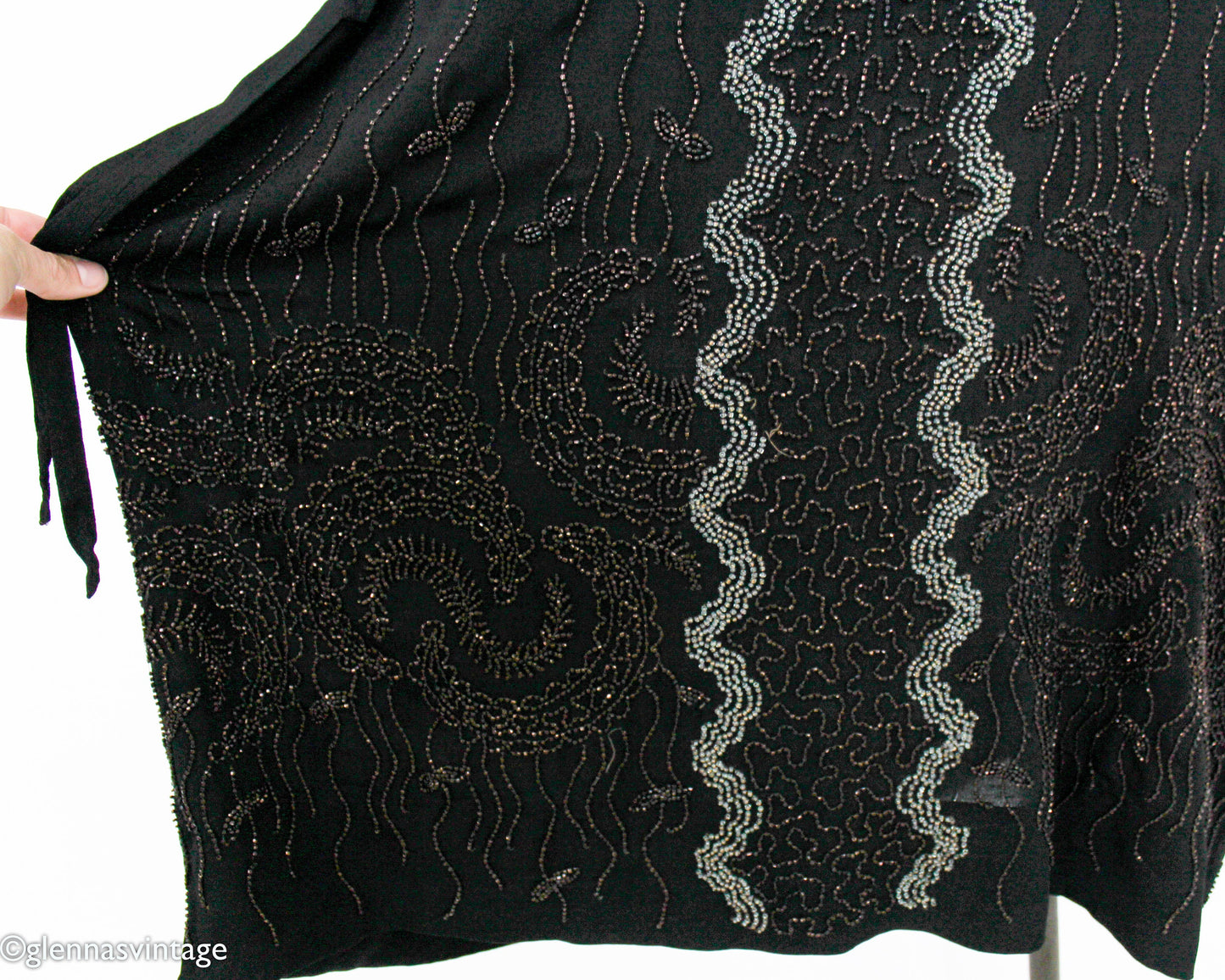 1920s Plus Size Beaded Black Silk Dress, Extra Large