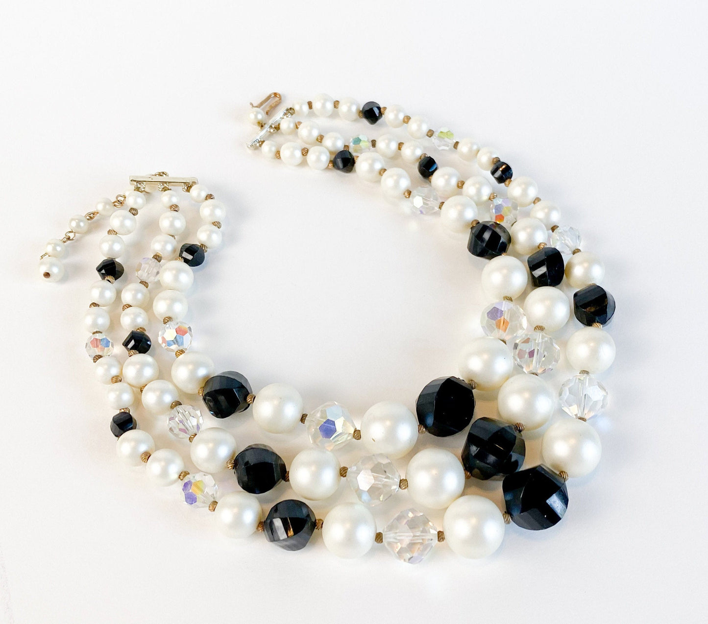 1950s Black & White Beaded Necklace | 50s Multi Strand Bead Necklace