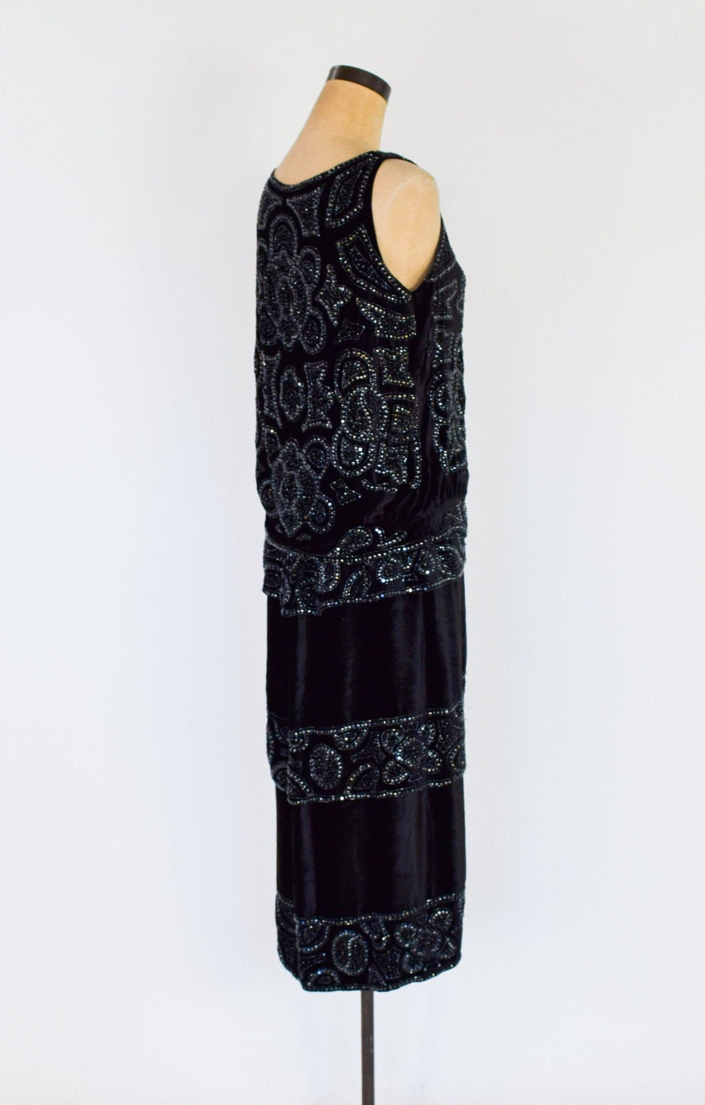 1900s Beaded Black Velvet Evening Set Dress, Downton Abbey, Gatsby