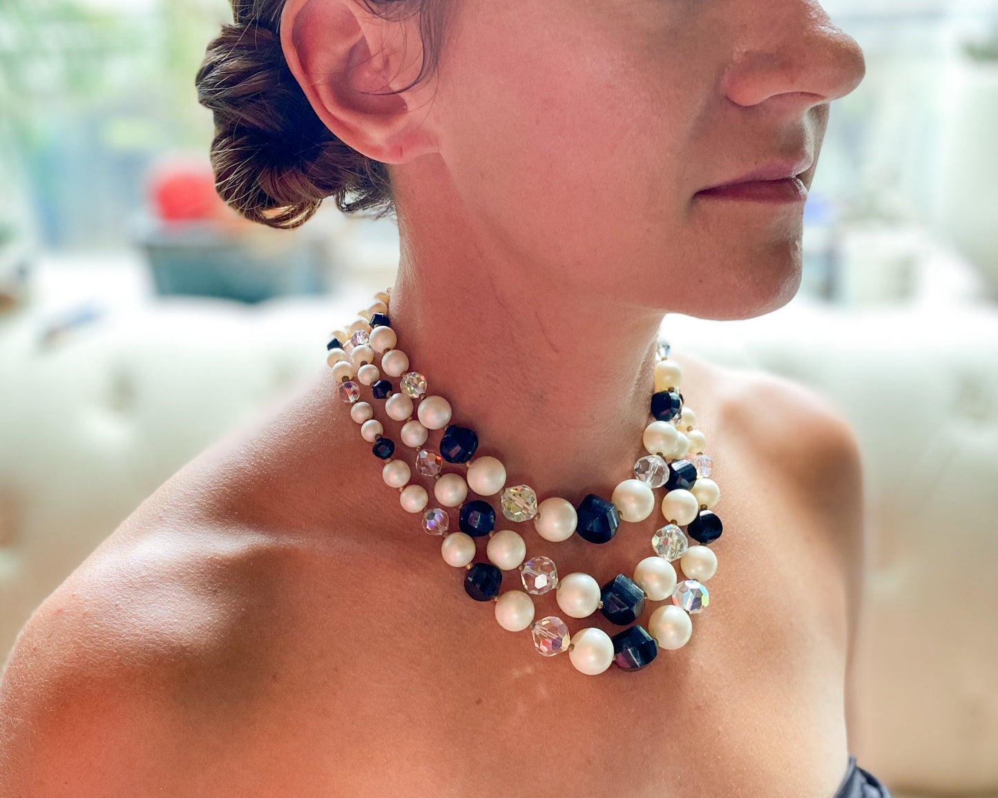 1950s Black & White Beaded Necklace | 50s Multi Strand Bead Necklace