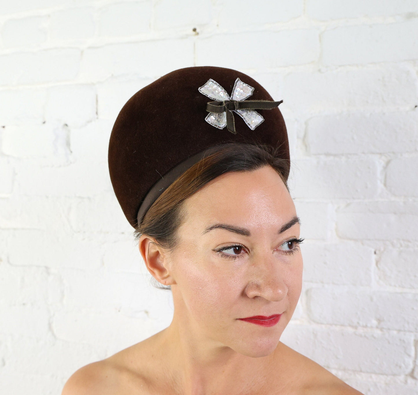 1960s Brown Wool Bubble Hat with Sequins